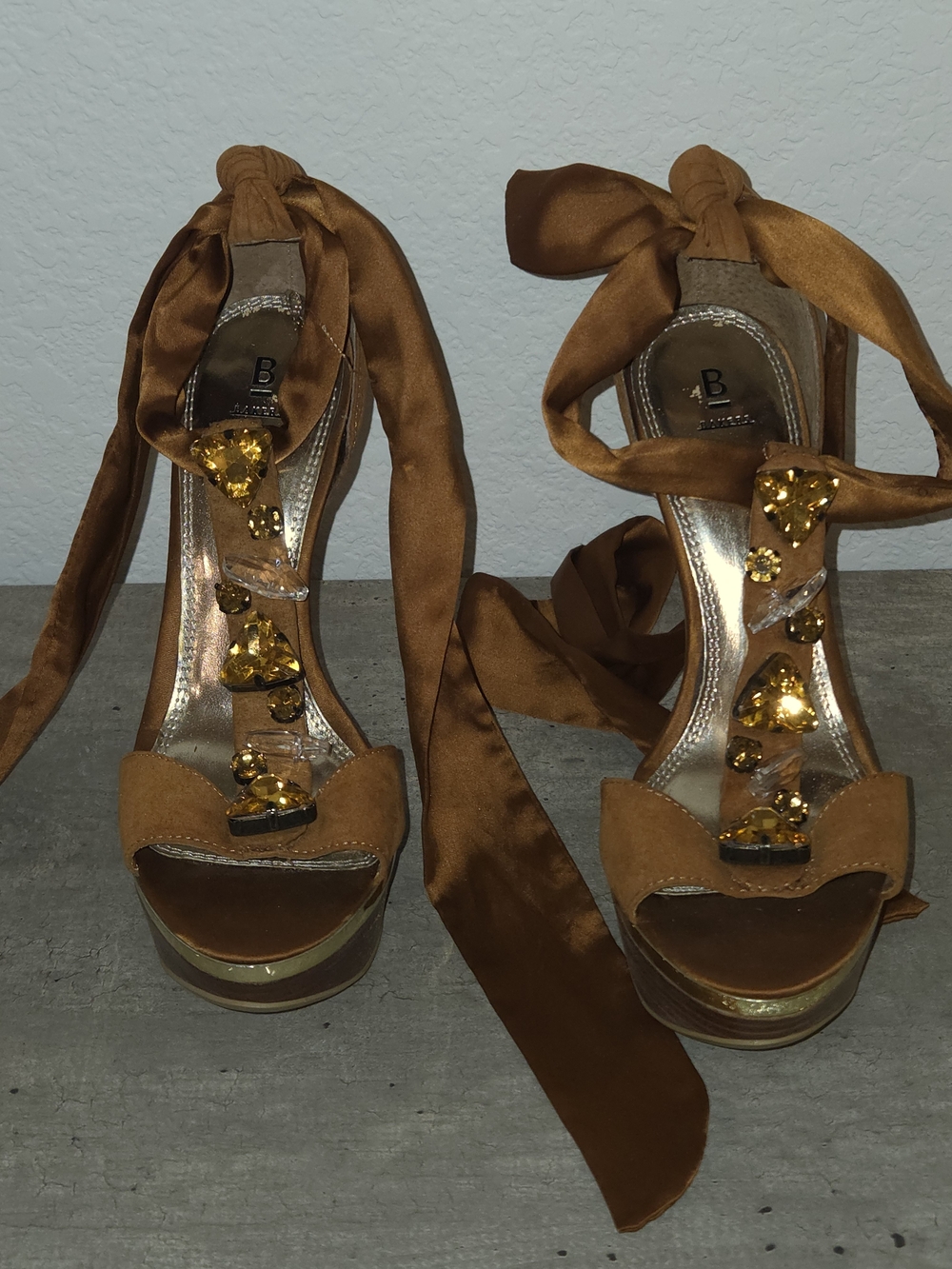 Cognac/Tan jeweled wrap-ankle platform heels
